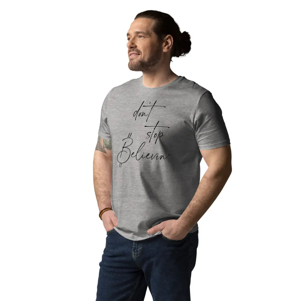 Bitcoin T-Shirt – Don’t Stop Believin’ -worn on male model — grey