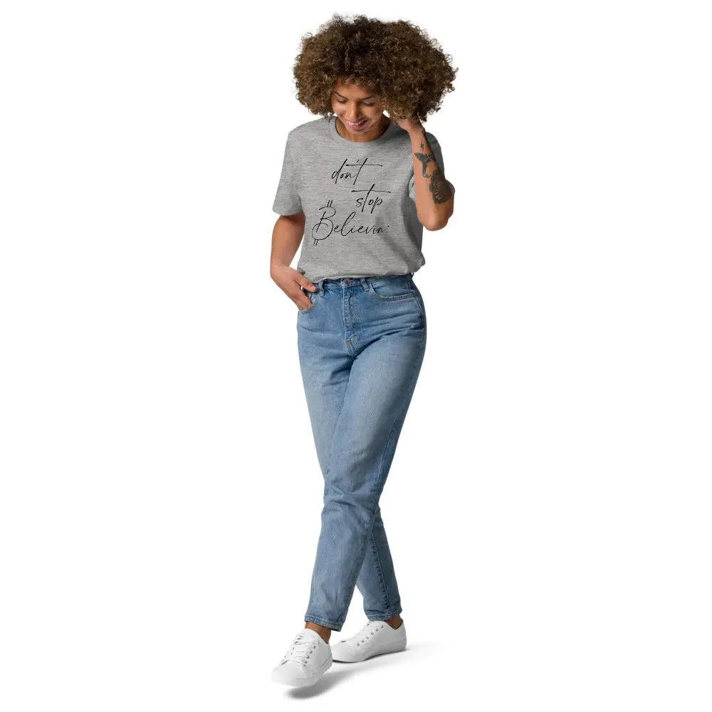 Bitcoin T-Shirt – Don’t Stop Believin’ - worn on standing model — female - grey