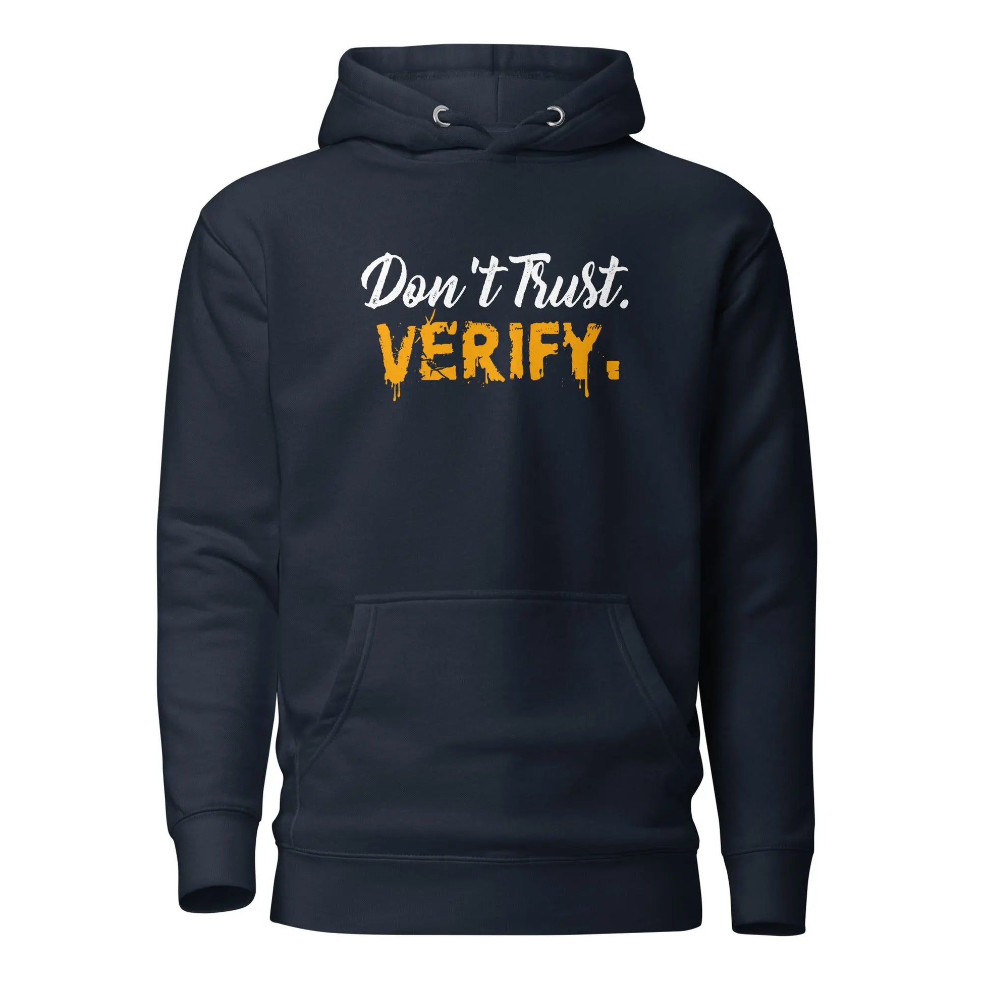 bitcoin hoodie - dont trust verify - front view - navy blue