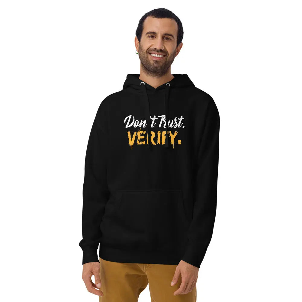 bitcoin hoodie - dont trust verify - worn on model - black