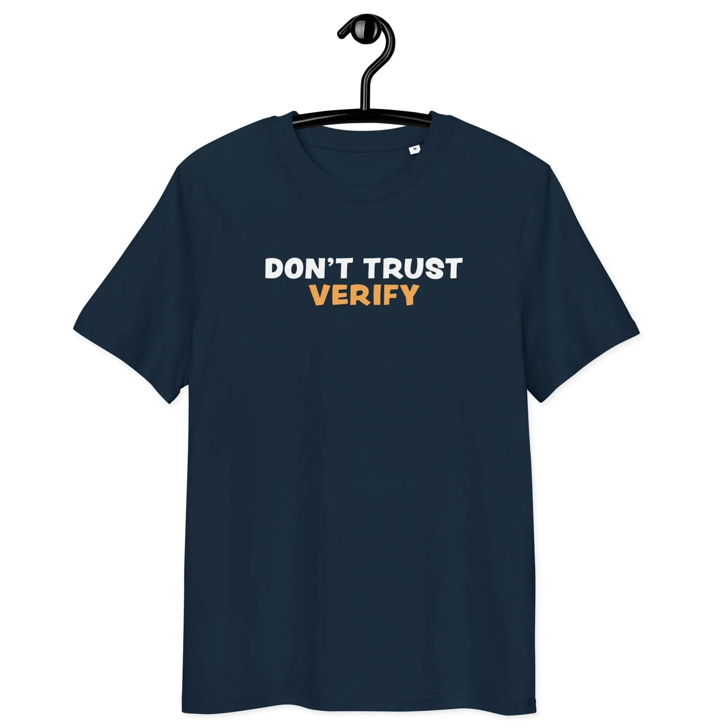 Bitcoin T-Shirt – Don’t Trust, Verify - on hanger - blue