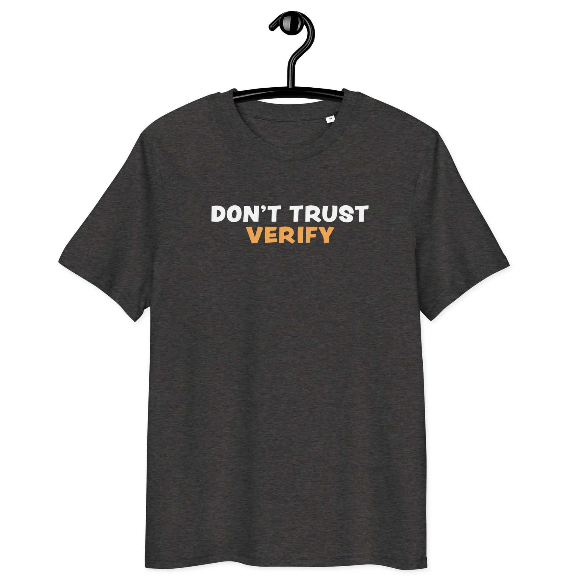 Bitcoin T-Shirt – Don’t Trust, Verify - on hanger - grey 