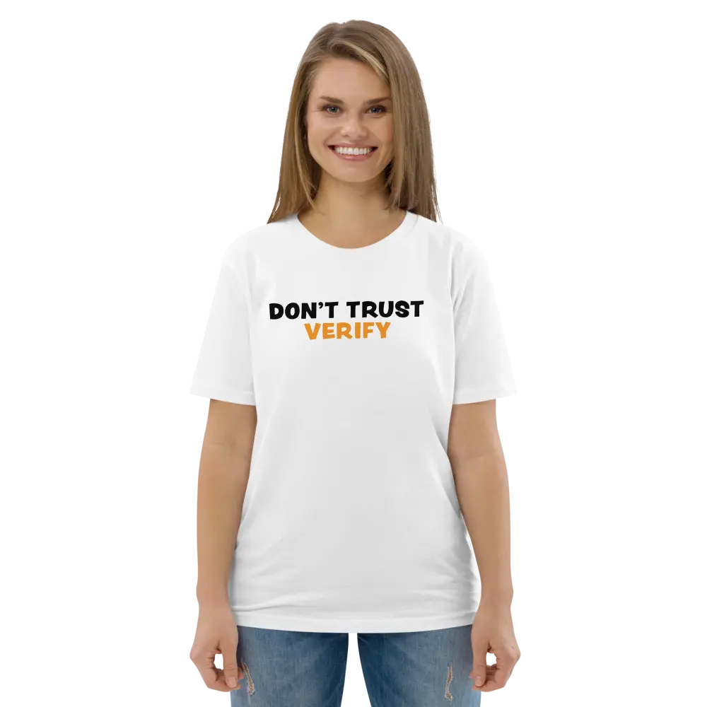 Bitcoin T-Shirt – Don’t Trust, Verify - worn on model - front view