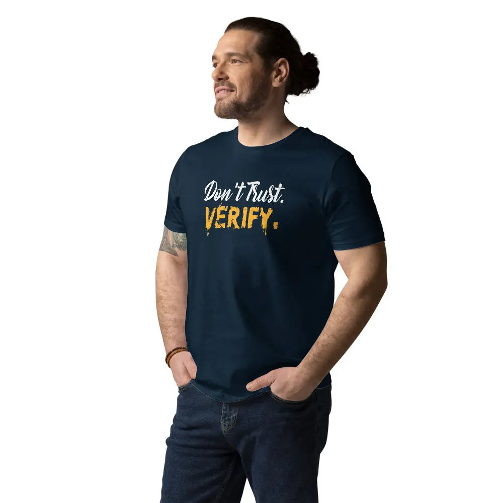Bitcoin T-Shirt – Don’t Trust, Verify - worn on male model — navy