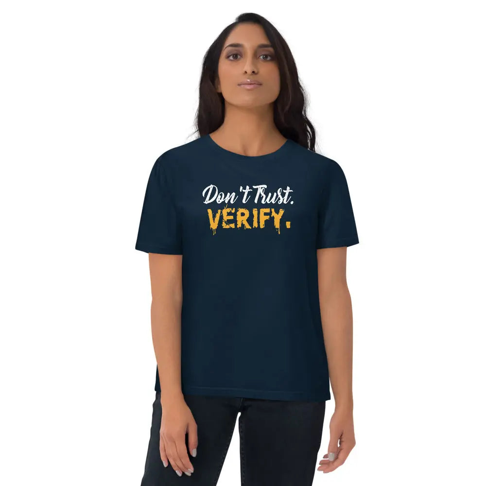 Bitcoin T-Shirt – Don’t Trust, Verify -worn on model — navy