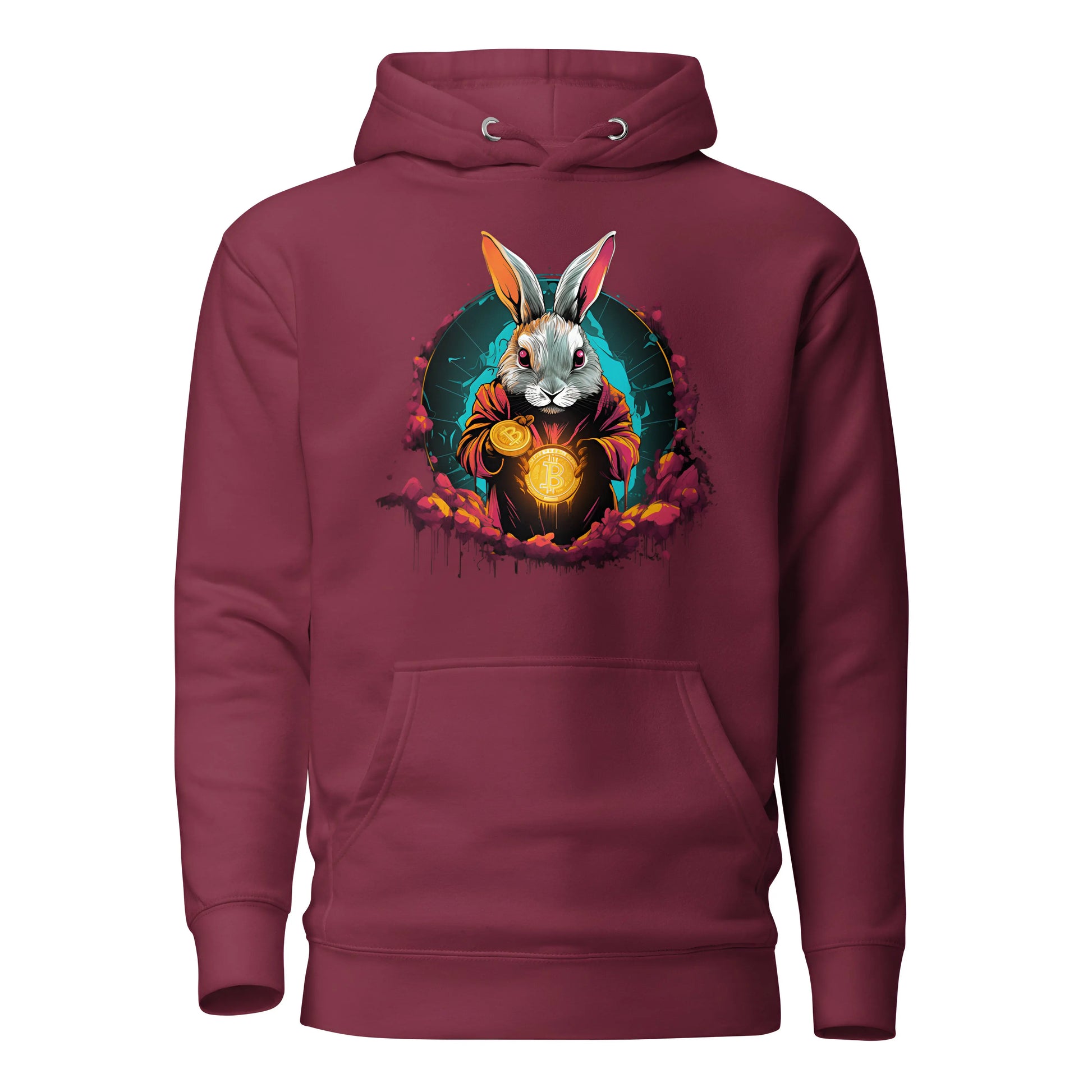 bitcoin hoodie - down the bitcoin rabbit hole - front view - maroon