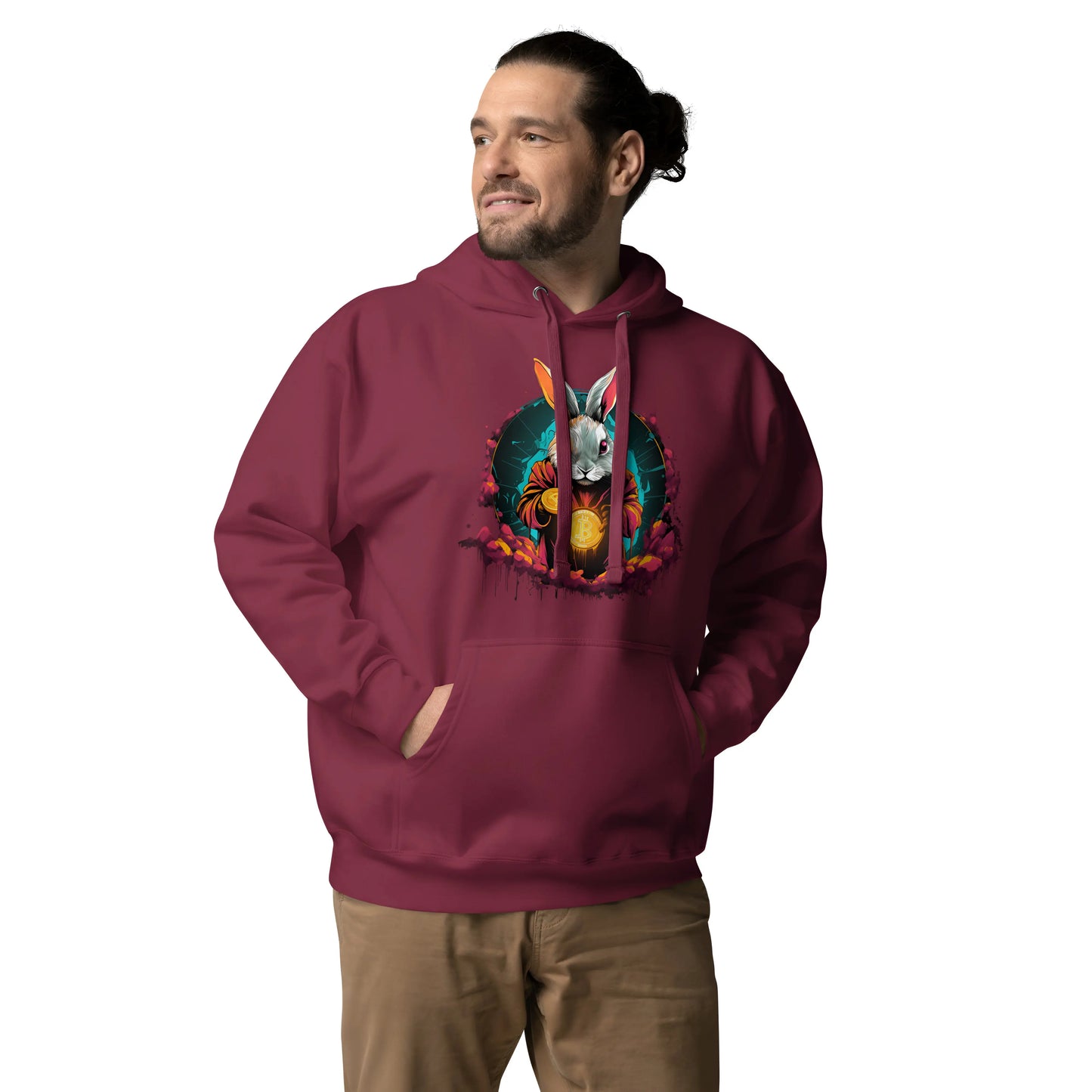 bitcoin hoodie - down the bitcoin rabbit hole - worn on male model - maroon