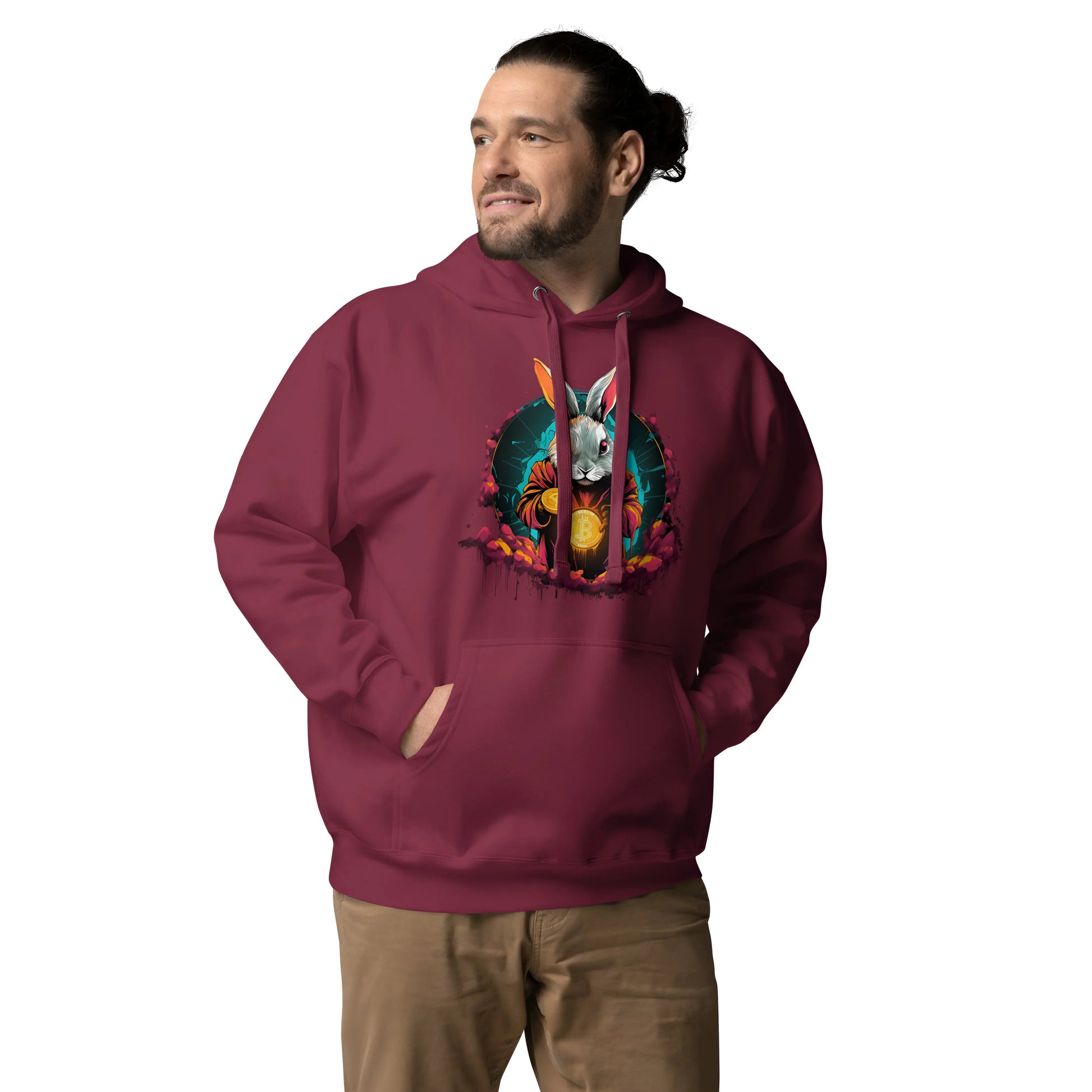 bitcoin hoodie - down the bitcoin rabbit hole - worn on male model - maroon