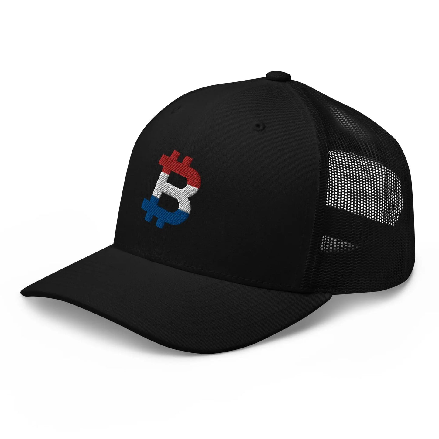 bitcoin trucker hat - dutch bitcoin flag - angled front view - black