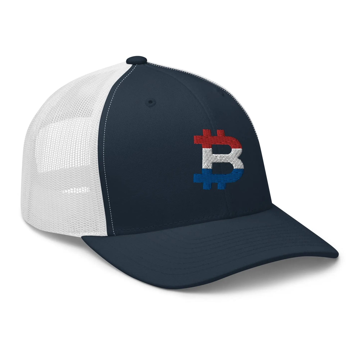 bitcoin trucker hat - dutch bitcoin flag - angled front view - navy and white