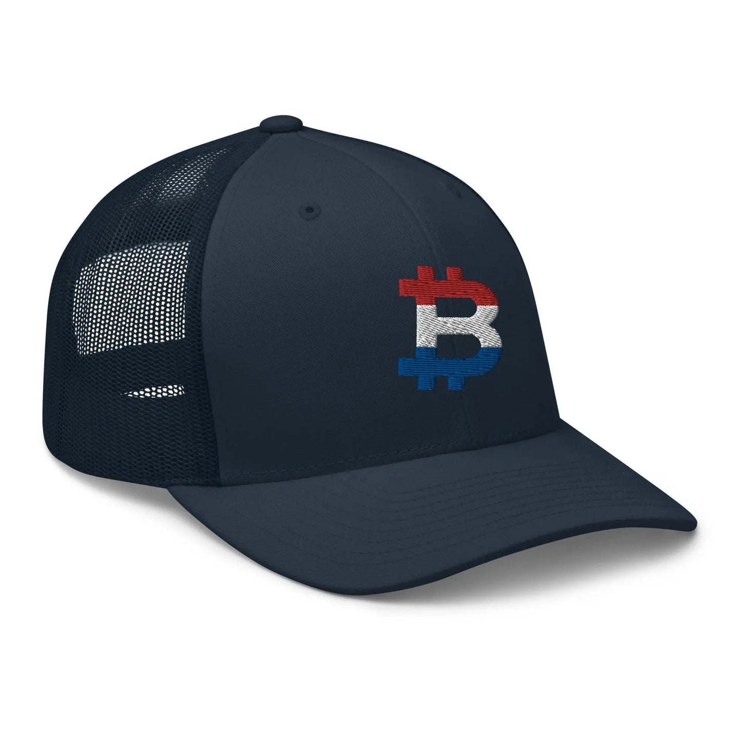 bitcoin trucker hat - dutch bitcoin flag - angled front view - navy