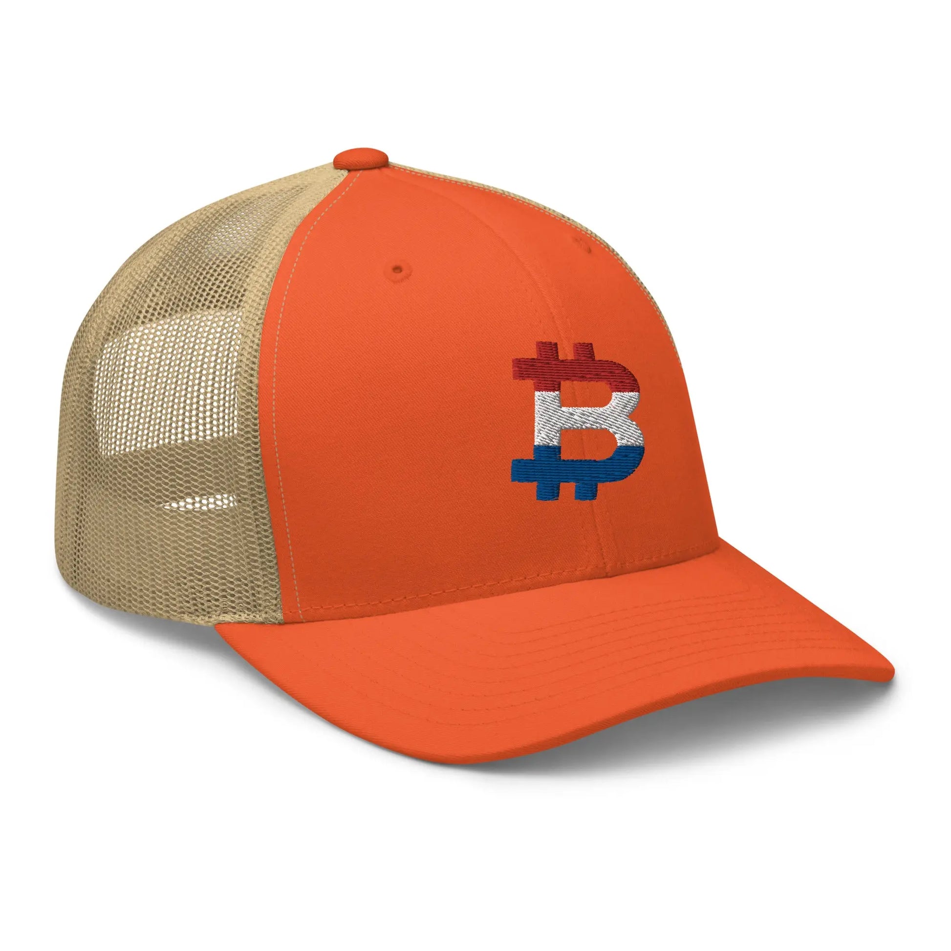 bitcoin trucker hat - dutch bitcoin flag - angled front view - orange and haki