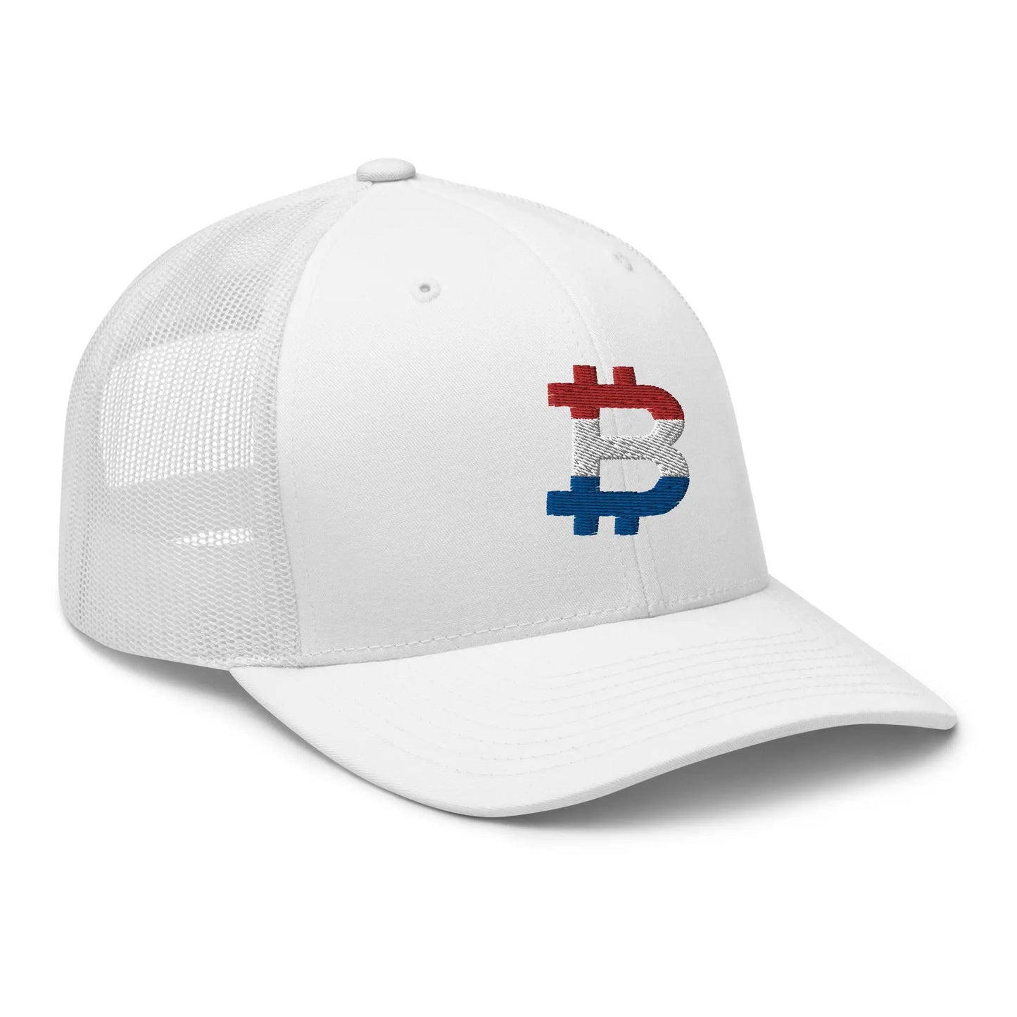 bitcoin trucker hat - dutch bitcoin flag - angled front view - white
