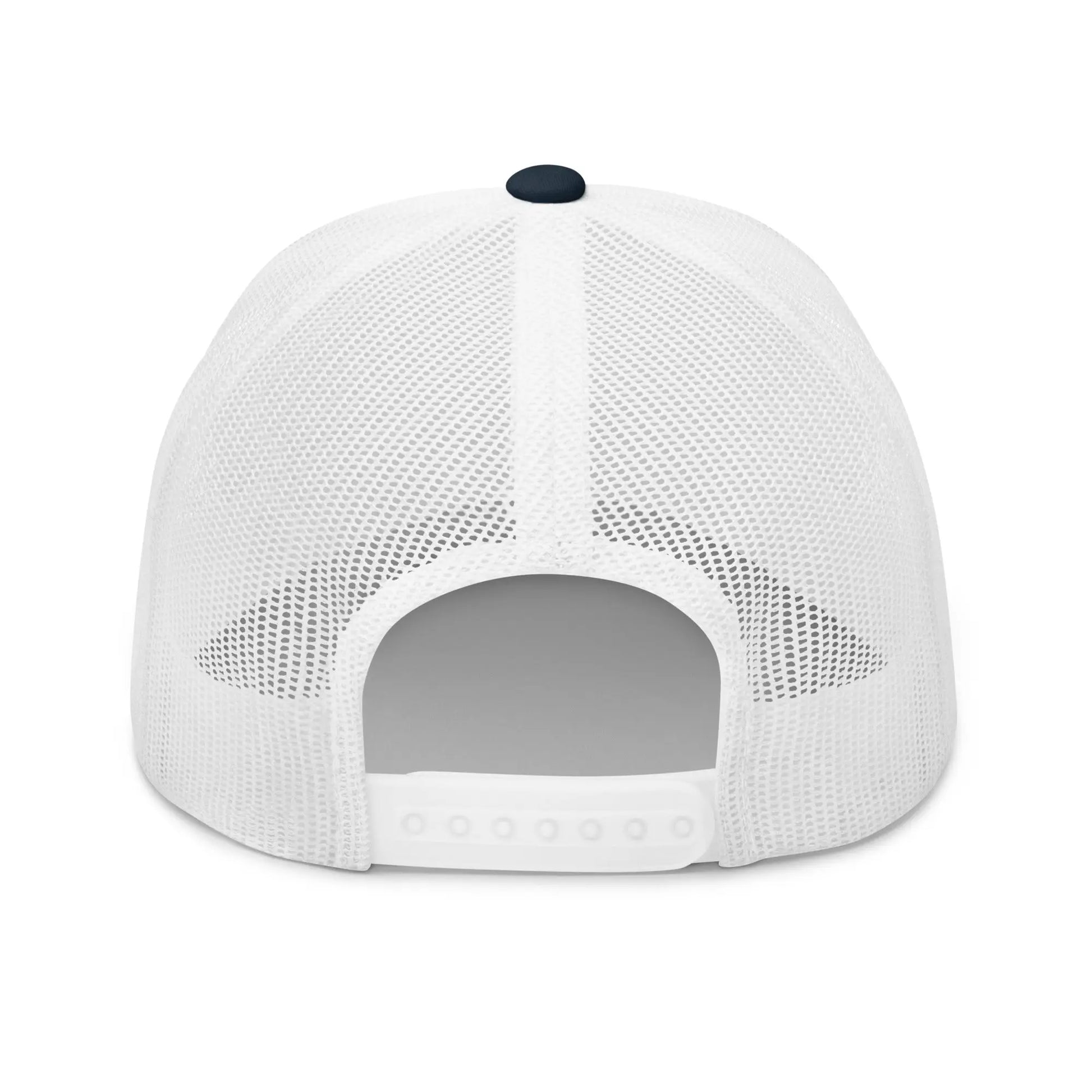 bitcoin trucker hat - dutch bitcoin flag - back view - navy and white