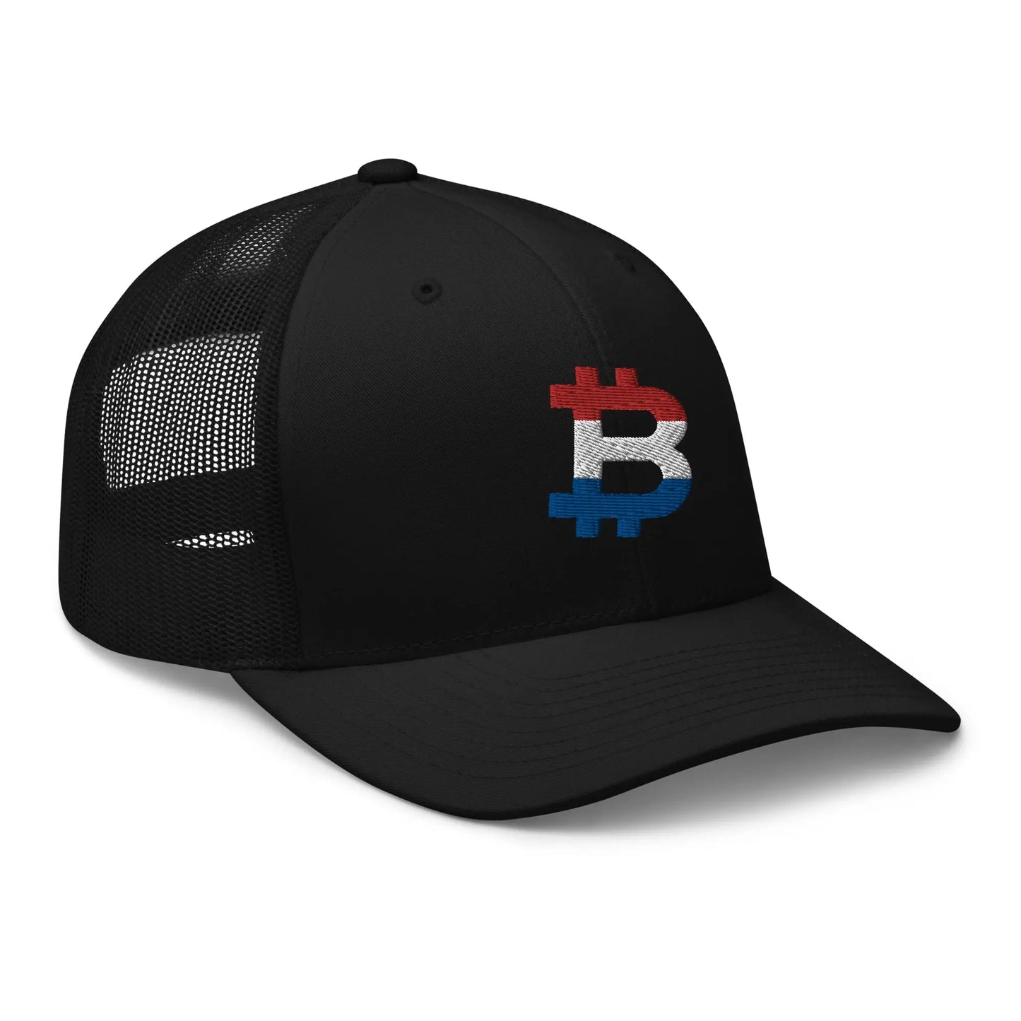 bitcoin trucker hat - dutch bitcoin flag - embroidery detail - black