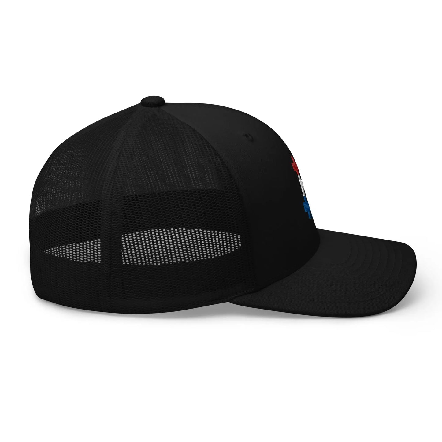 bitcoin trucker hat - dutch bitcoin flag - flat lay - black