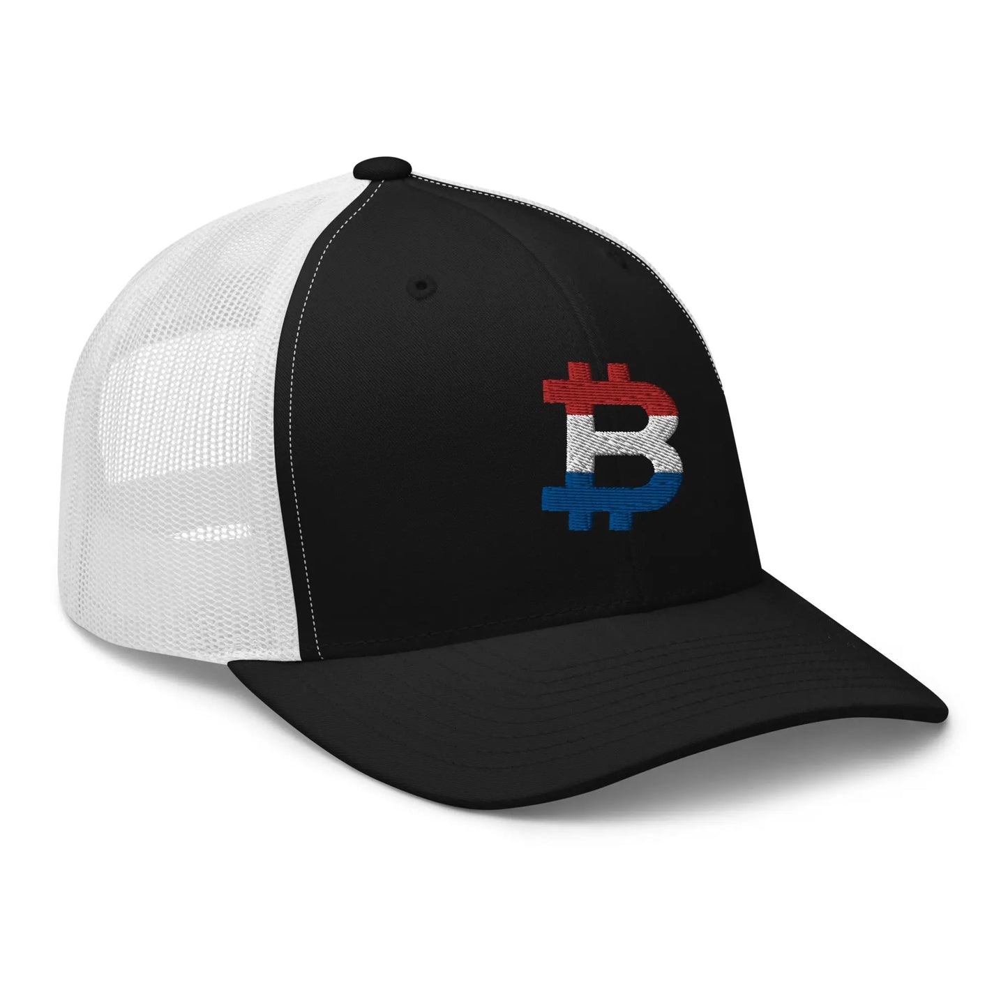 bitcoin trucker hat - dutch bitcoin flag - front view - black and white