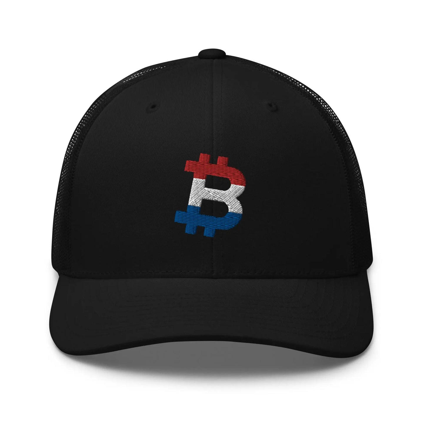 bitcoin trucker hat - dutch bitcoin flag - front view - black