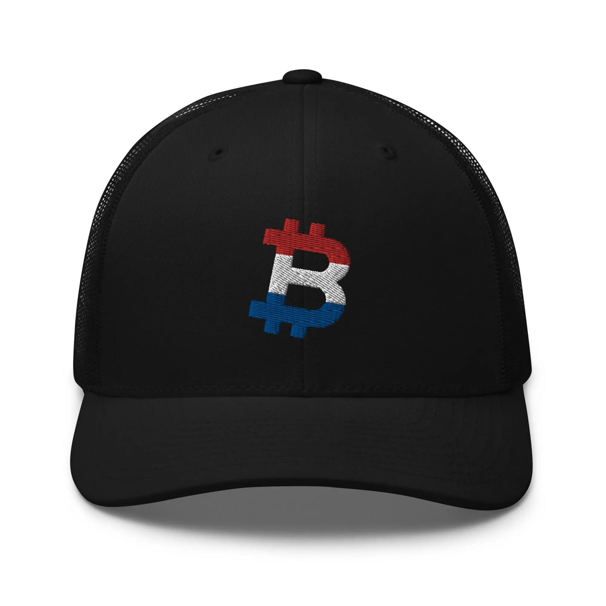bitcoin trucker hat - dutch bitcoin flag - front view - black