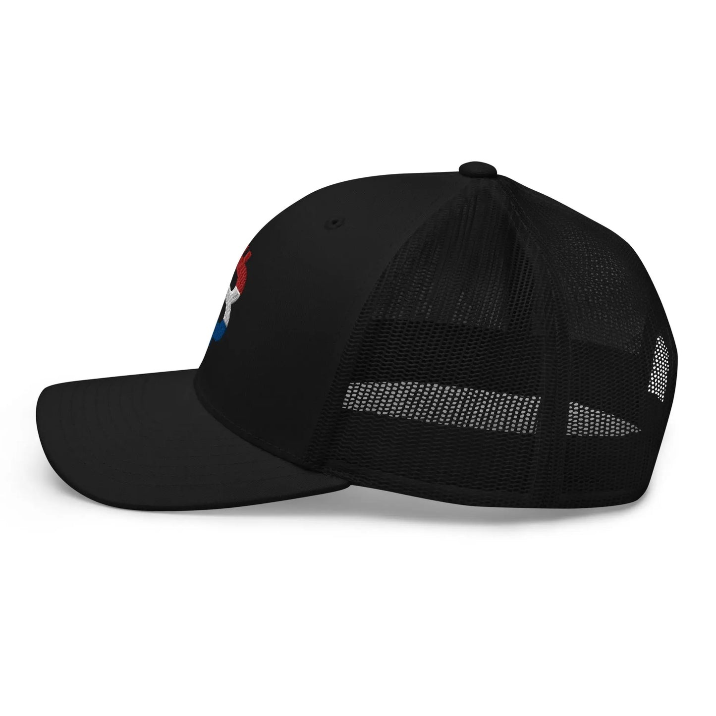 bitcoin trucker hat - dutch bitcoin flag - side view - black