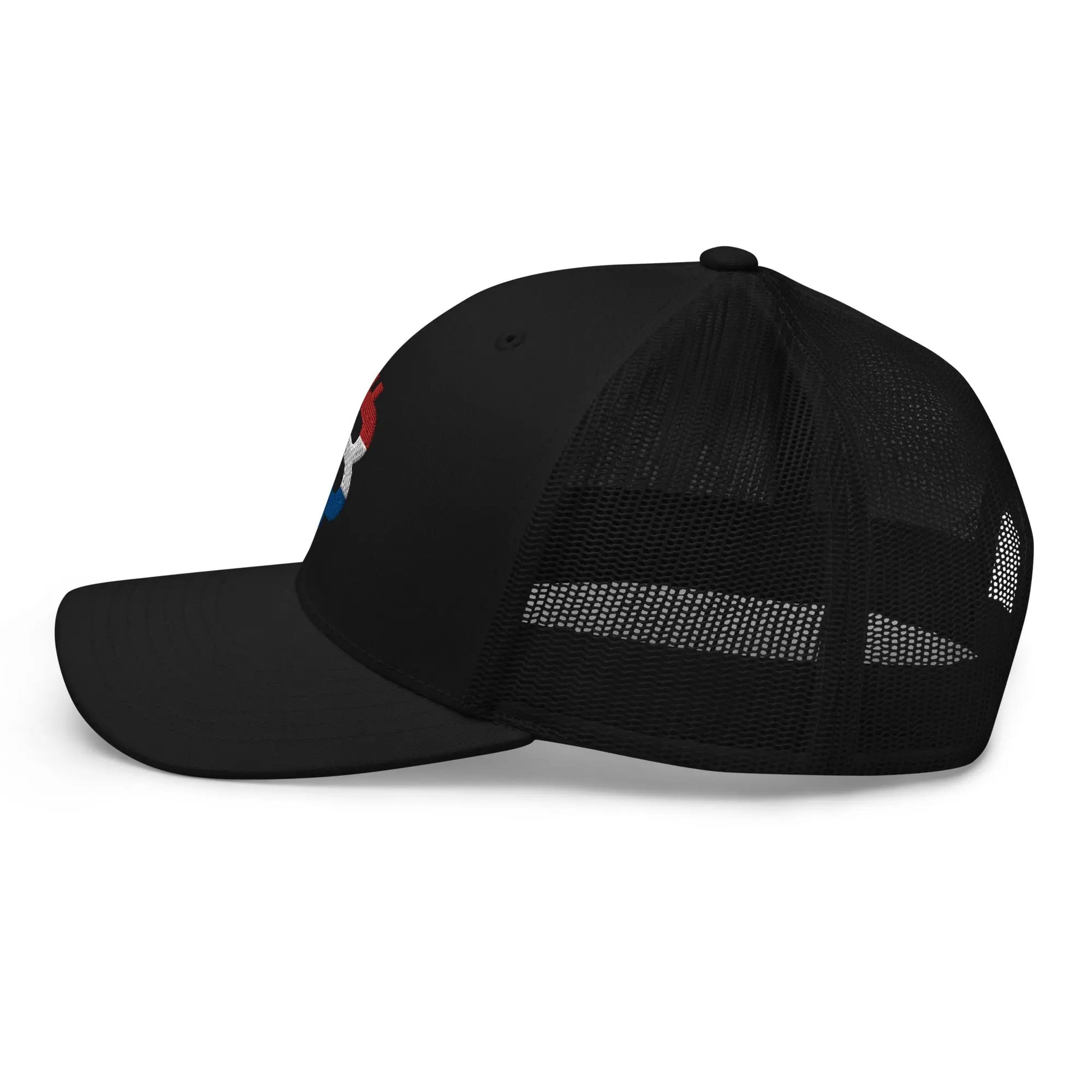bitcoin trucker hat - dutch bitcoin flag - side view - black