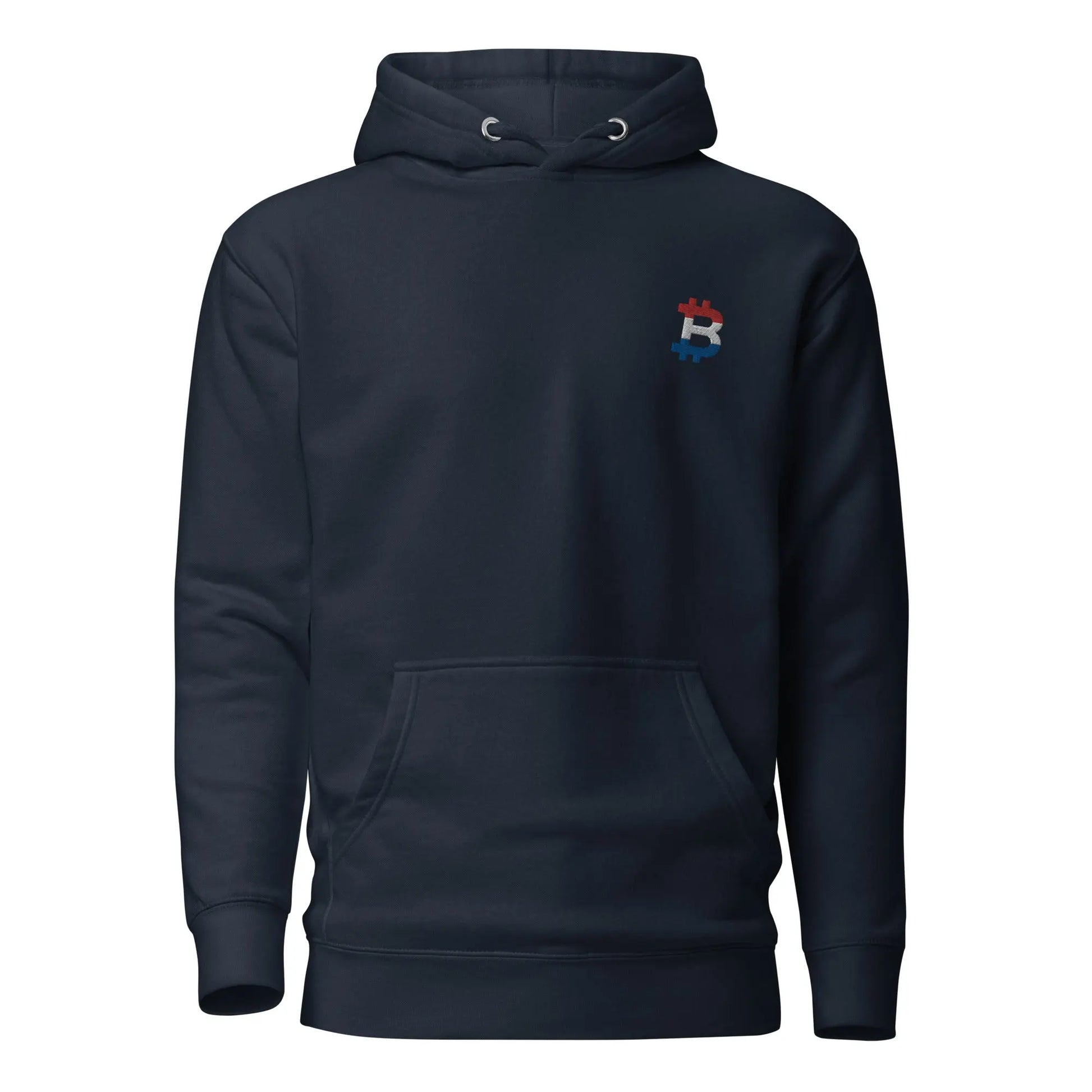 bitcoin hoodie - dutch bitcoin flag - front view - blue