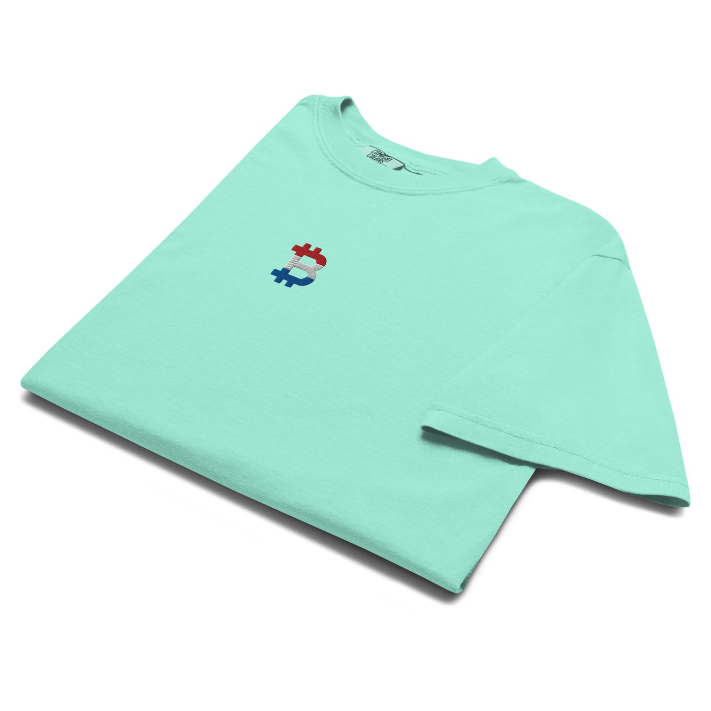 bitcoin t-shirt - dutch bitcoin flag - folded view - chalky mint