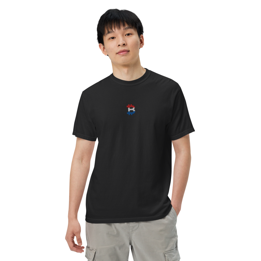 bitcoin t-shirt - dutch bitcoin flag - worn view - male model - black