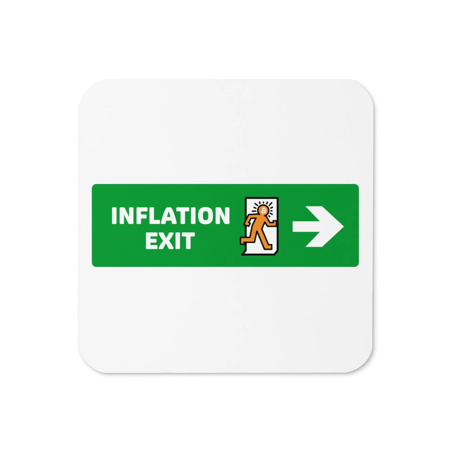 Top view of the Exit Inflation Bitcoin cork coaster by BitPopArt