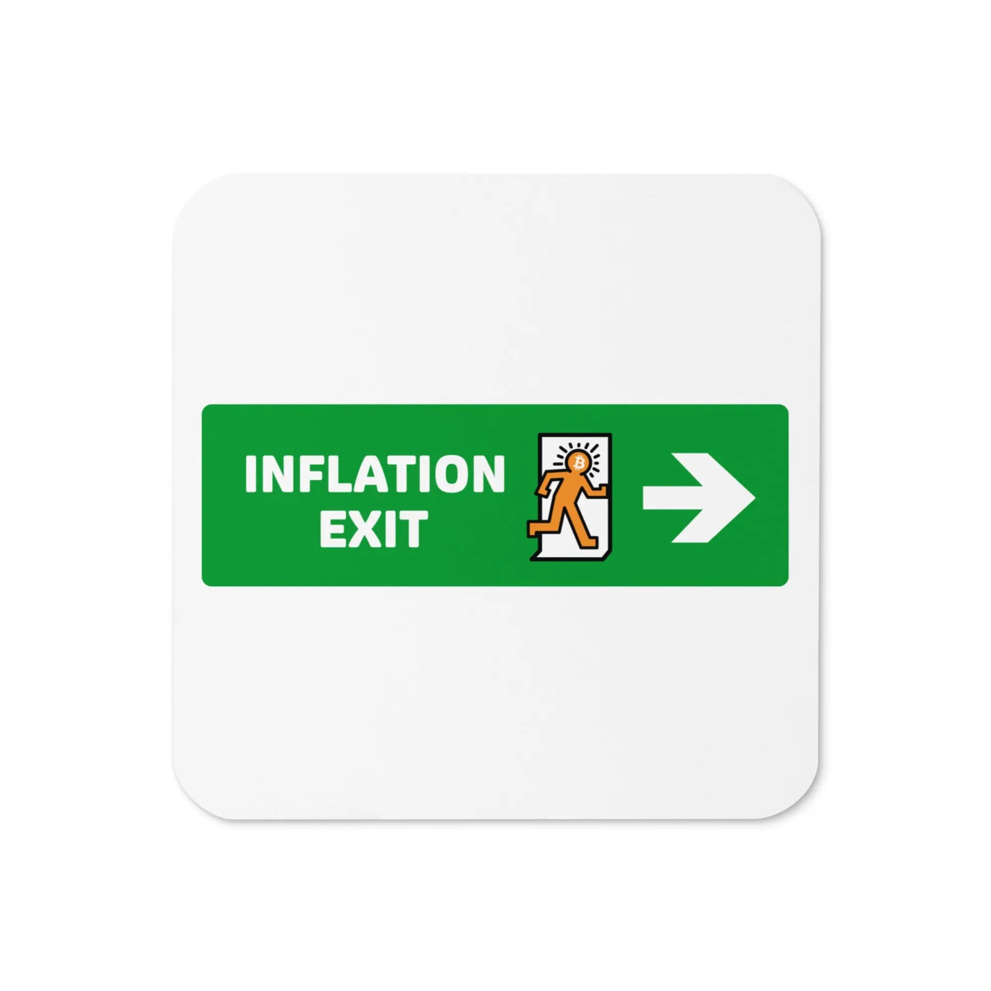 Top view of the Exit Inflation Bitcoin cork coaster by BitPopArt
