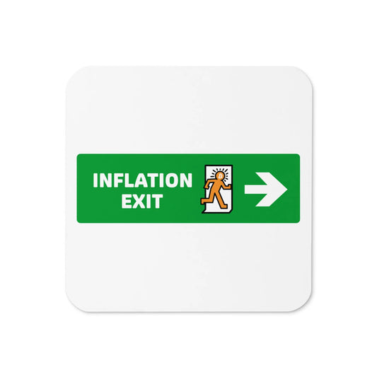 Top view of the Exit Inflation Bitcoin cork coaster by BitPopArt
