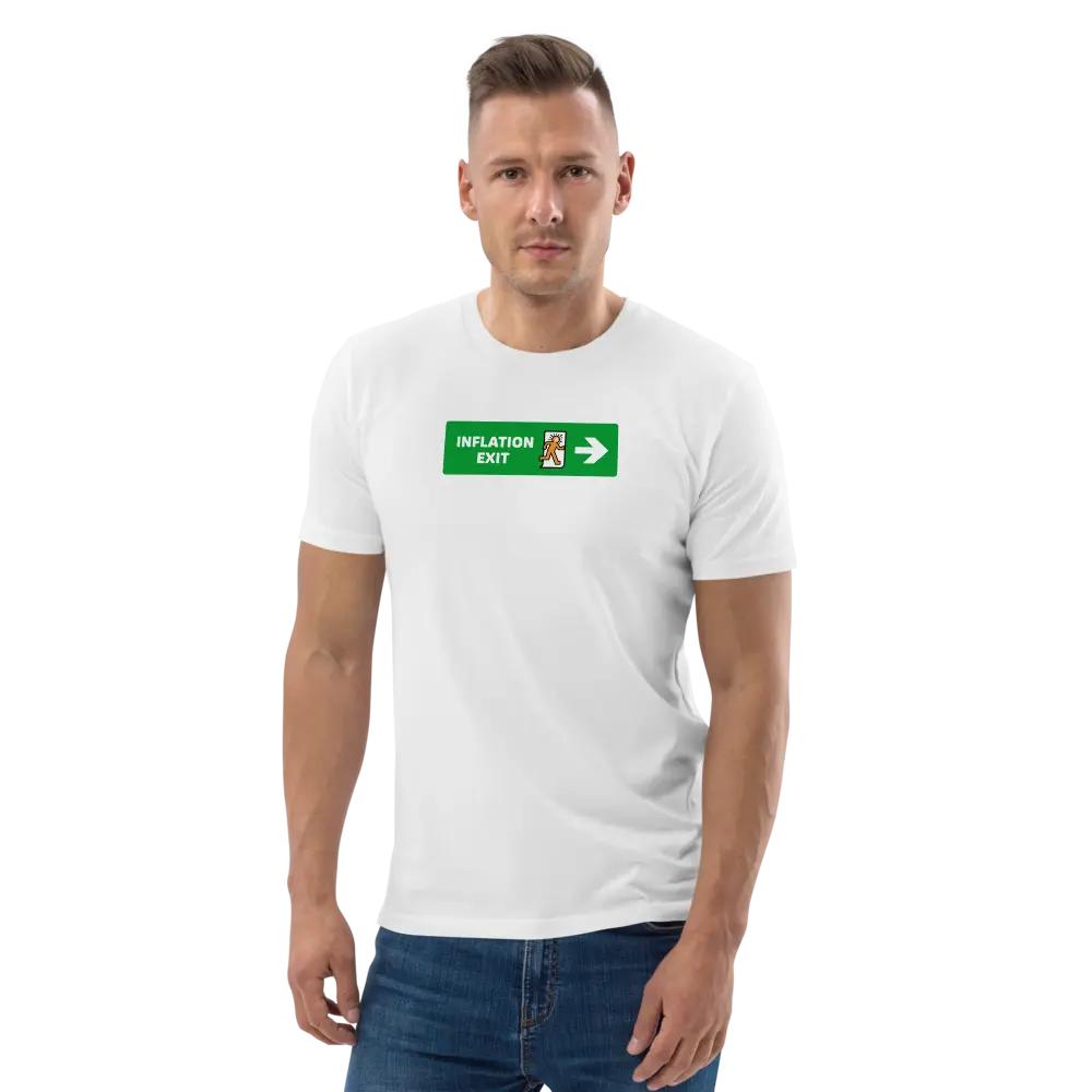 Bitcoin T-Shirt – Exit Inflation by BitPopArt | Store of Value — worn on male model