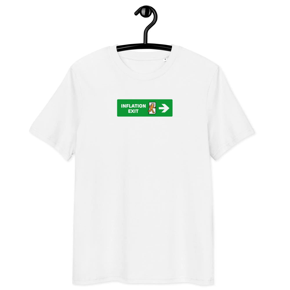 Bitcoin T-Shirt – Exit Inflation by BitPopArt | Store of Value — on hanger