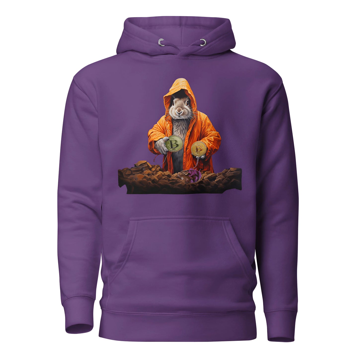 bitcoin hoodie - falling down the bitcoin rabbit hole - front view - purple