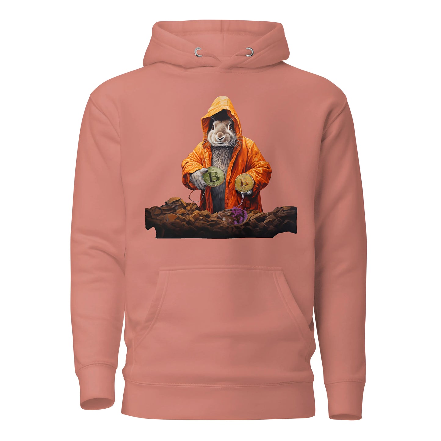 bitcoin hoodie - falling down the bitcoin rabbit hole - front view - rose