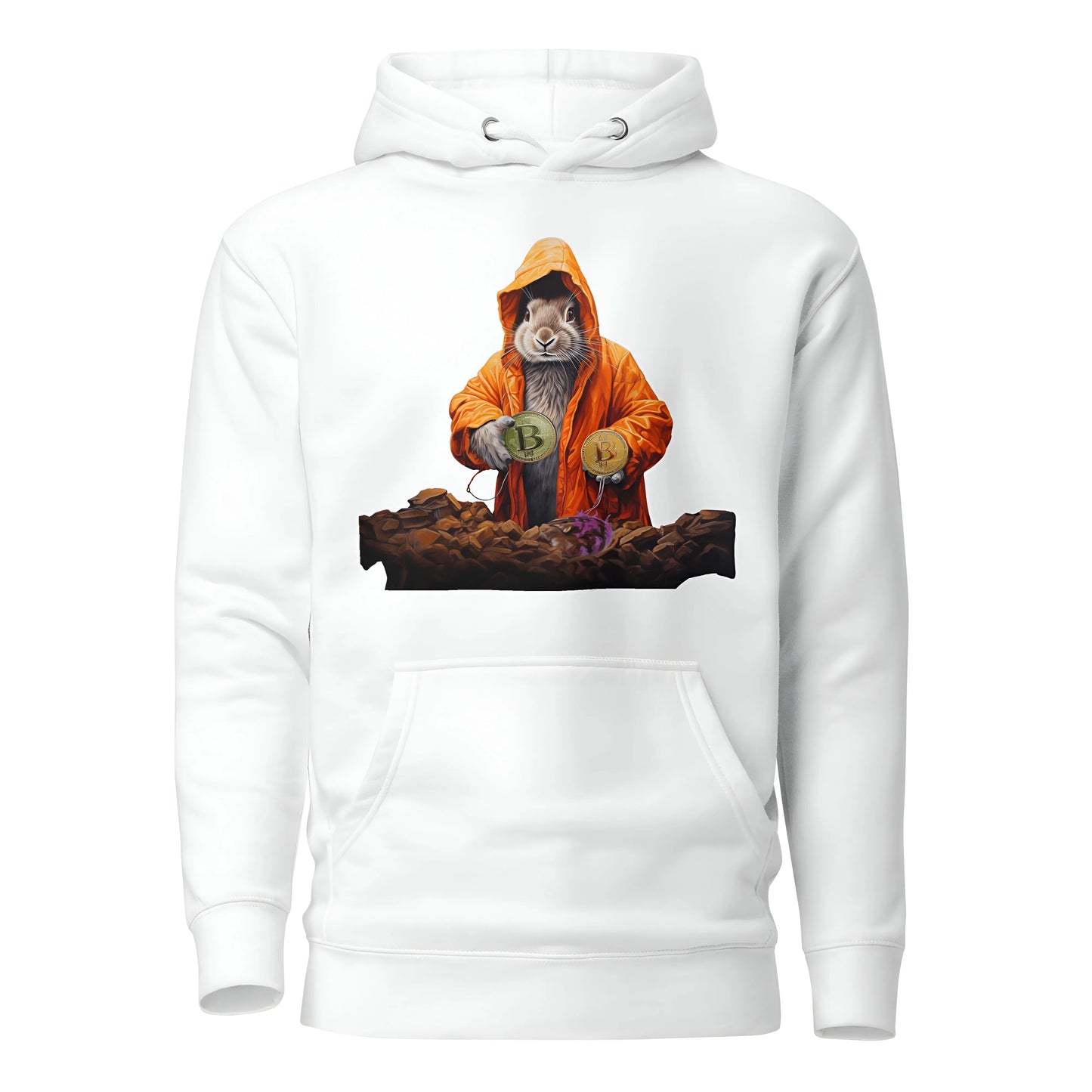 bitcoin hoodie - falling down the bitcoin rabbit hole - front view - white