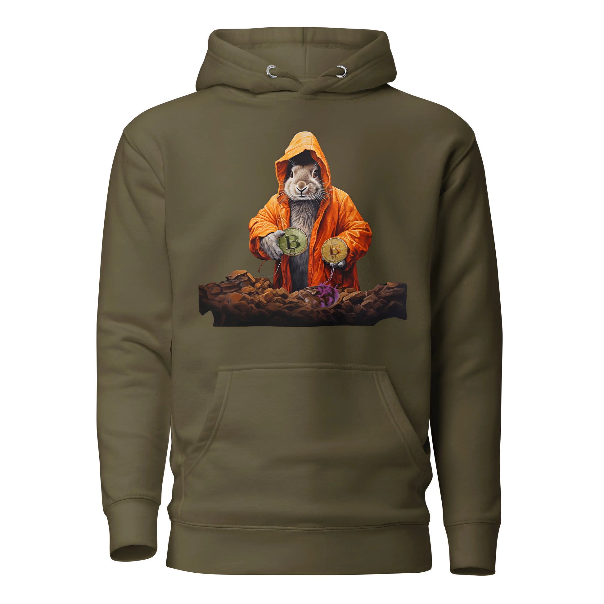 bitcoin hoodie - falling down the bitcoin rabbit hole - front view 