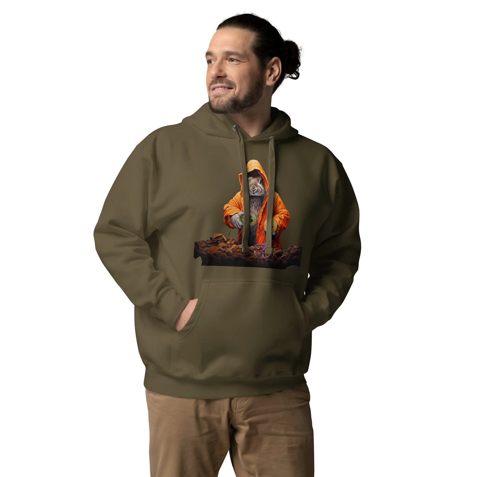 bitcoin hoodie - falling down the bitcoin rabbit hole - worn on model - green