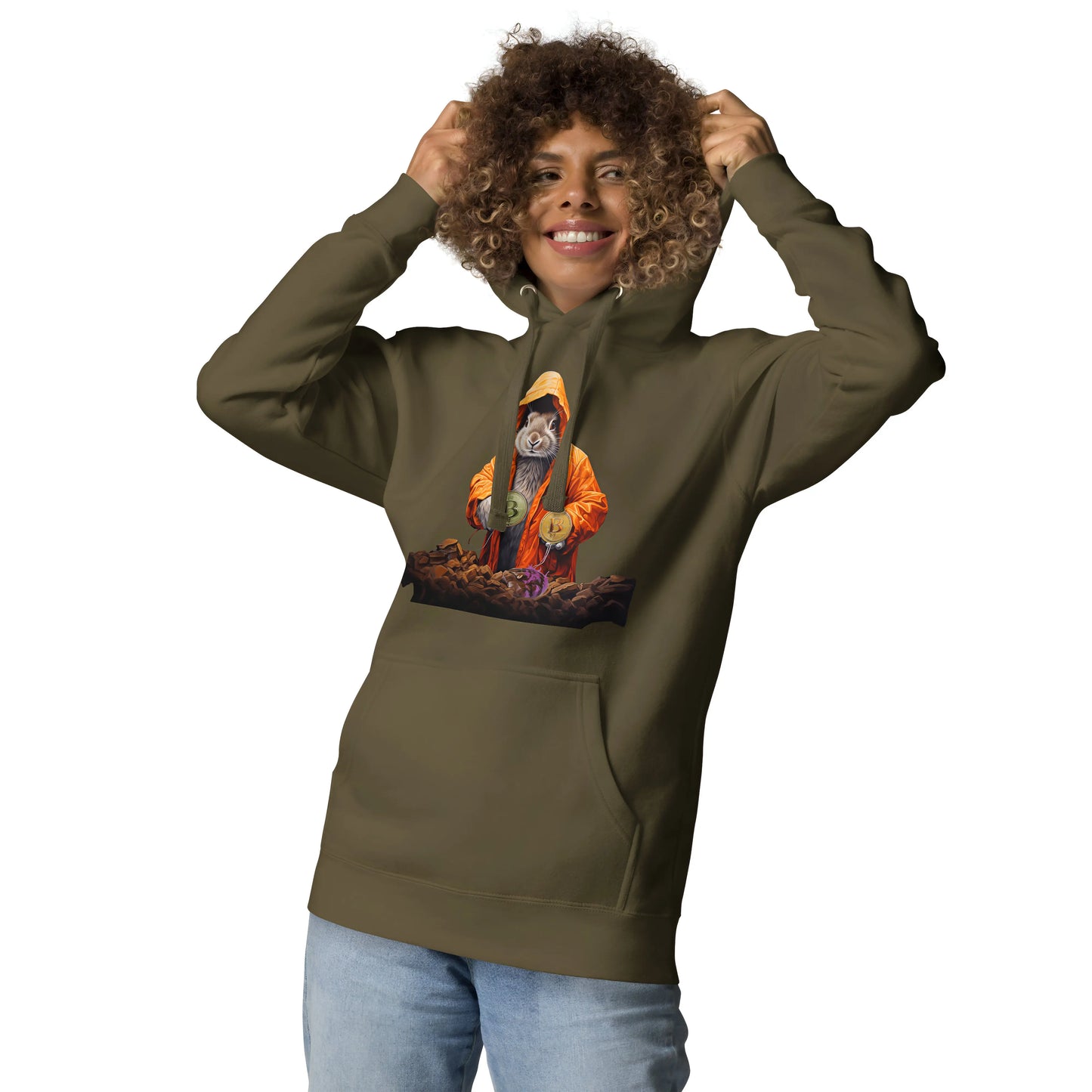 bitcoin hoodie - falling down the bitcoin rabbit hole - worn on model 