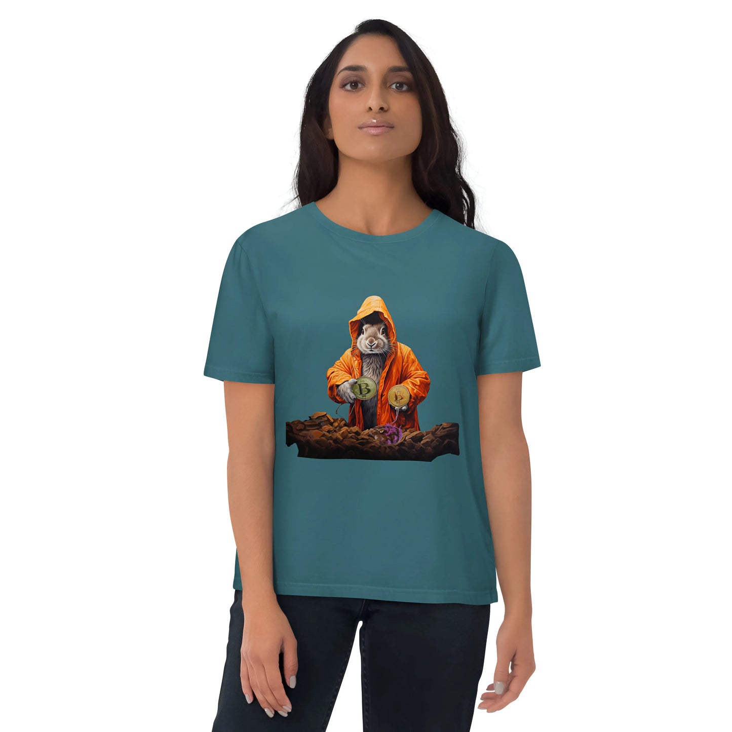 bitcoin t-shirt - falling down the bitcoin rabbit hole - front view - blue