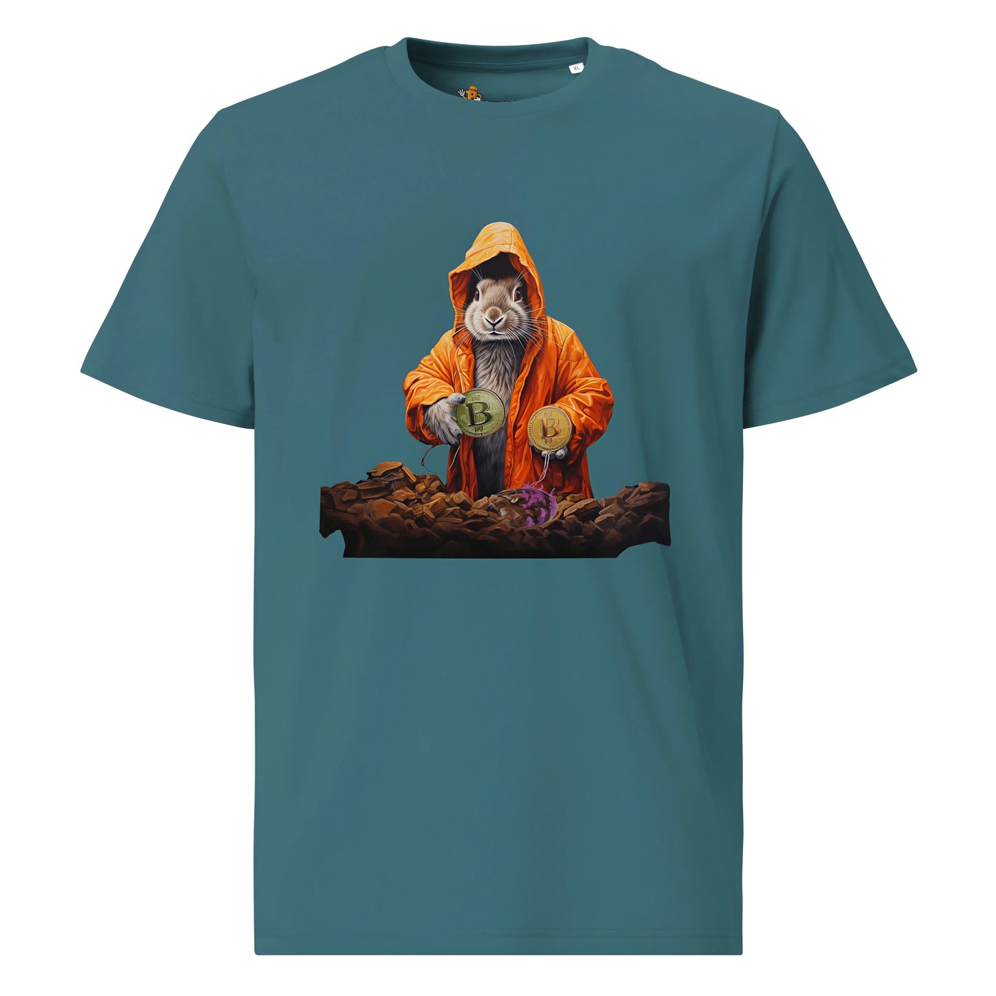 bitcoin t-shirt - falling down the bitcoin rabbit hole - front view - blue