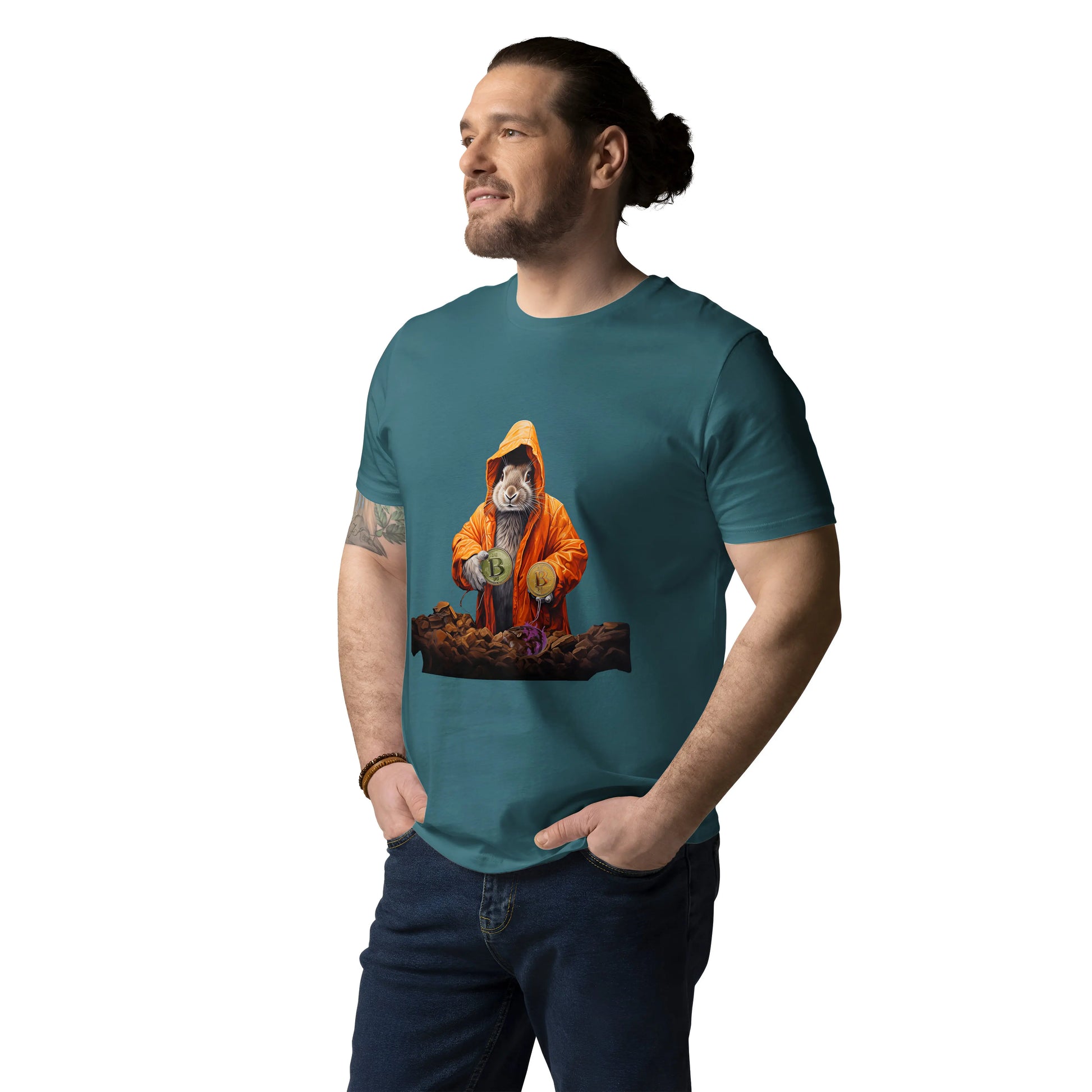bitcoin t-shirt - falling down the bitcoin rabbit hole - male model - blue