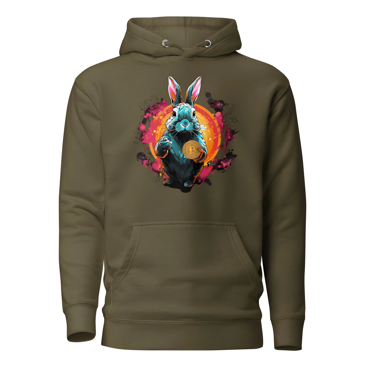 bitcoin hoodie - falling down the bitcoin rabbit hole - front view - green
