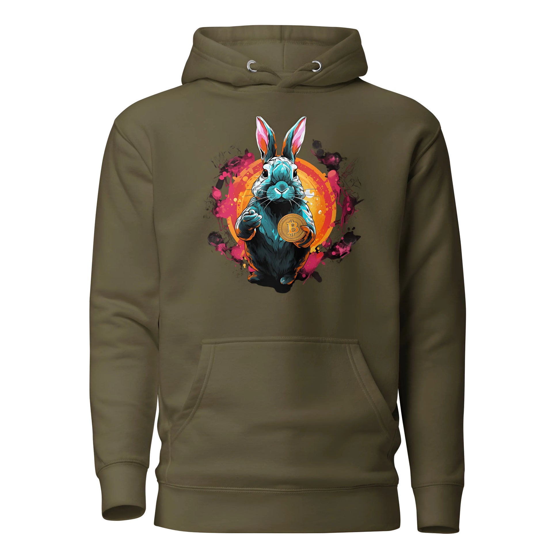 bitcoin hoodie - falling down the bitcoin rabbit hole - front view - green