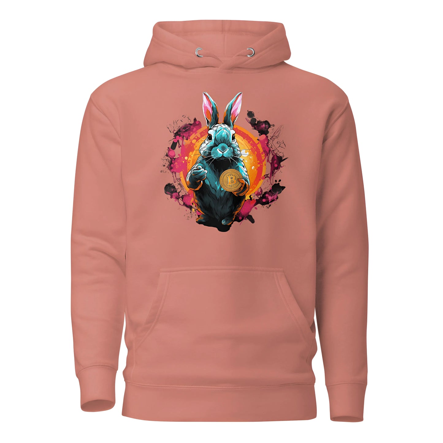 bitcoin hoodie - falling down the bitcoin rabbit hole - front view - rose