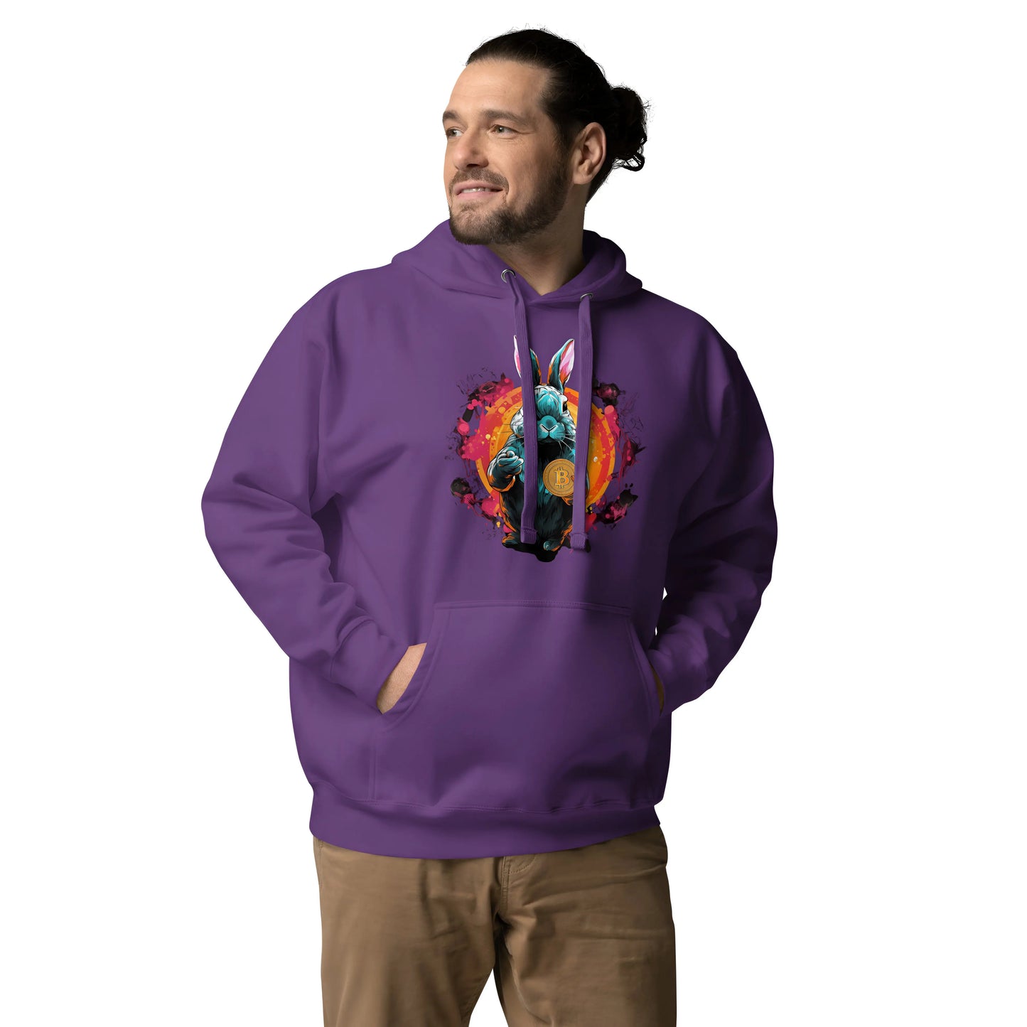 bitcoin hoodie - falling down the bitcoin rabbit hole - worn on male model 