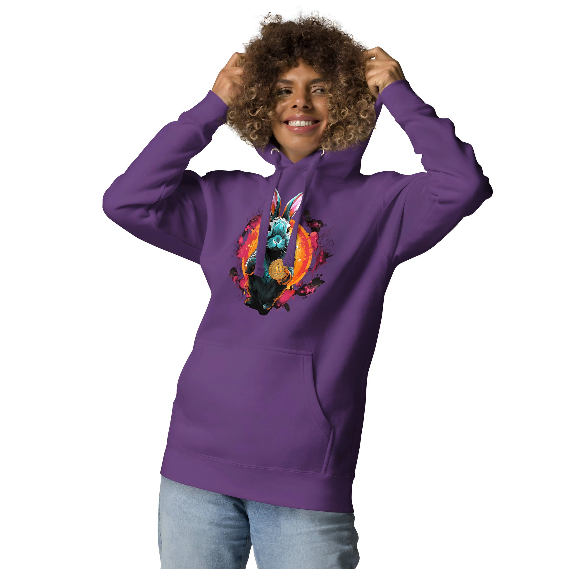 bitcoin hoodie - falling down the bitcoin rabbit hole - worn on model 