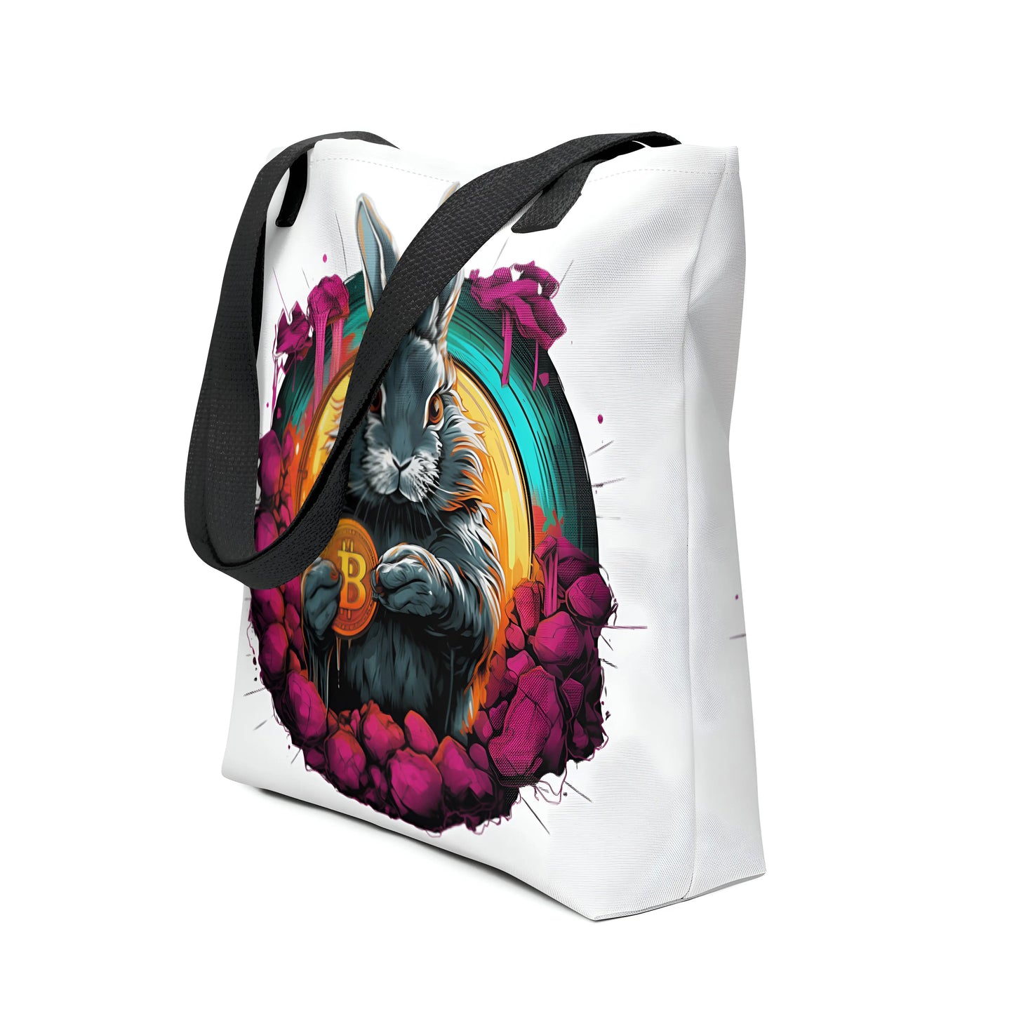 bitcoin tote bag - falling down the bitcoin rabbit hole - front view 