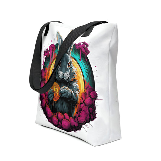bitcoin tote bag - falling down the bitcoin rabbit hole - front view 