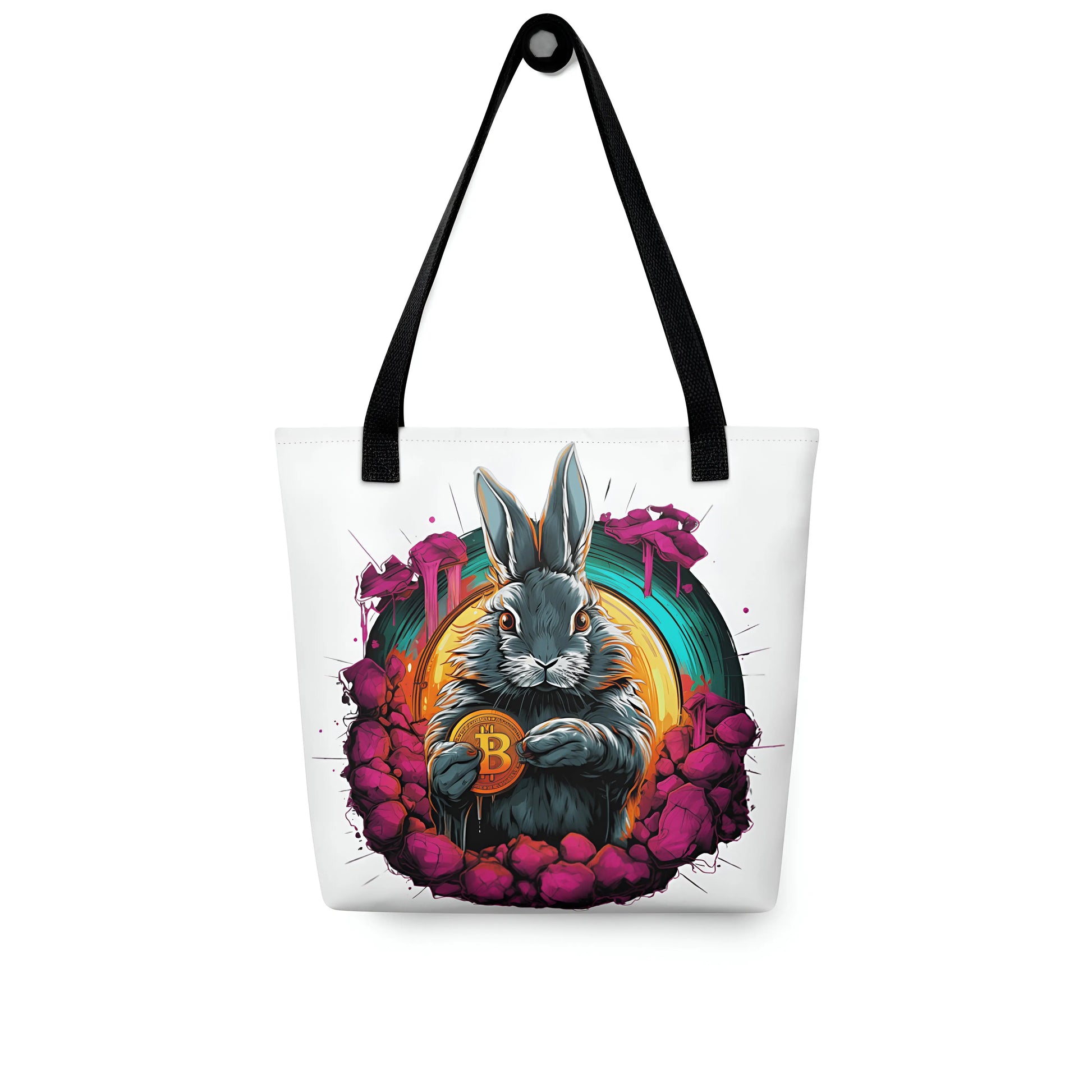 bitcoin tote bag - falling down the bitcoin rabbit hole - on hanger